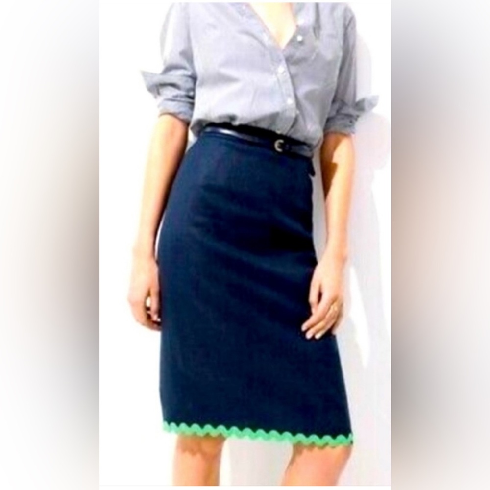 J. Crew Navy Pencil Skirt with Green Scalloped Trim